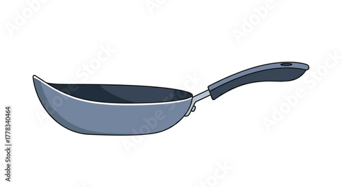 A side view of a modern gray frying pan with a dark non-stick interior and a black handle, isolated on a white background, ready for cooking.