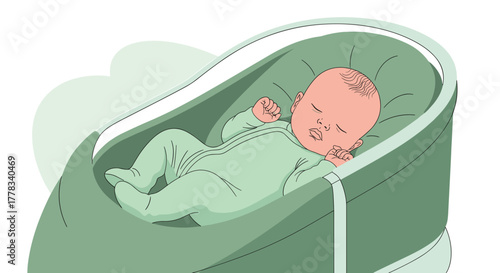 A sleeping newborn baby in a comfortable green bassinet, illustrating peaceful rest and early childhood comfort.