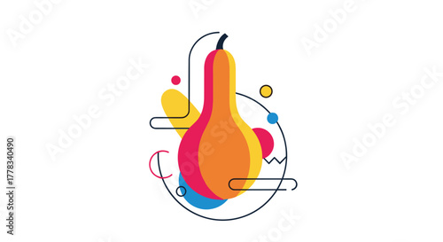 Vibrant abstract illustration of a stylized pear or gourd surrounded by colorful geometric and fluid shapes, blending modern design elements.