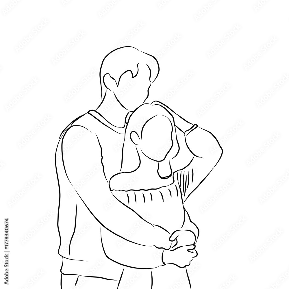 Fototapeta premium Couple Hugging - Vector Line Art 