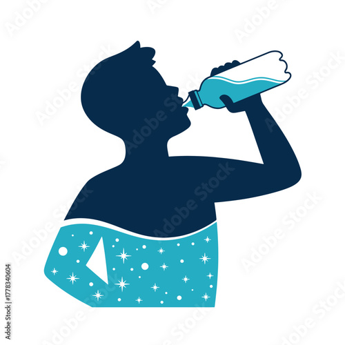 Silhouette of person drinking water from bottle with star pattern inside