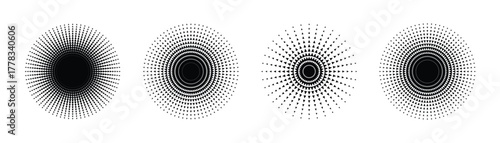 Set of Four Black Halftone Dot Pattern Circles with Radial Gradient, Optical Pulse, and Abstract Starburst Effects