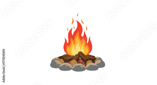 A vibrant cartoon campfire burns brightly with logs arranged in a circle of stones, representing warmth and outdoor adventure.