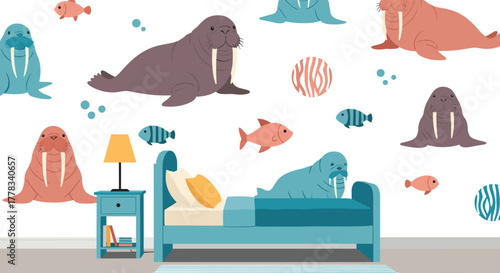 Whimsical illustration of walruses and fish decorating a child's bedroom, with a walrus sleeping comfortably in a cozy blue bed.