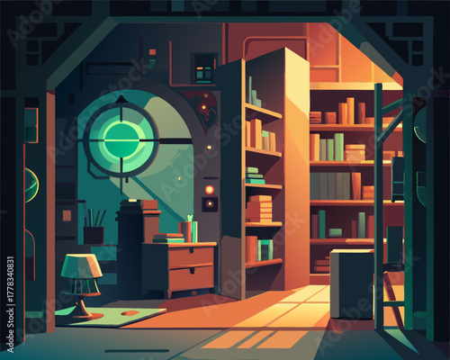 colorful illustration of a Mystery Secret Room Concealed by Bookshelf Illustration