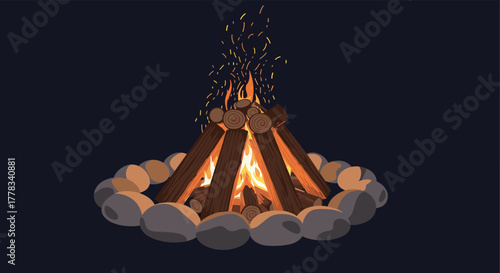 A glowing campfire crackles with warm orange flames and flying embers, safely contained within a ring of stones on a dark night.
