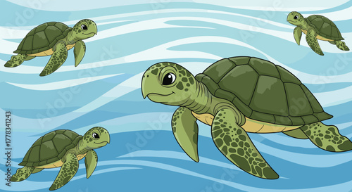 Multiple green sea turtles, including a large one, gracefully swim through vibrant blue ocean waters, depicted in a charming cartoon illustration.