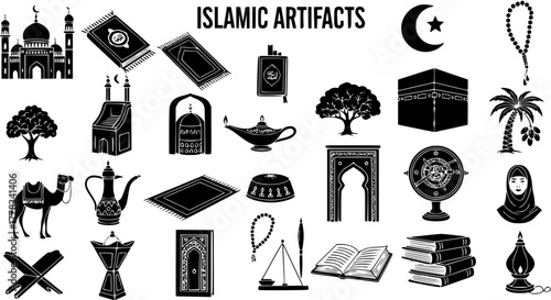 Islamic Artifacts and Symbols Collection Vector Icons. Black silhouettes of Muslim religious objects, cultural elements, and holy items.