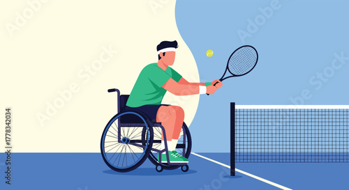 A determined person in a wheelchair enthusiastically plays tennis on a court, showcasing skill and athletic spirit.