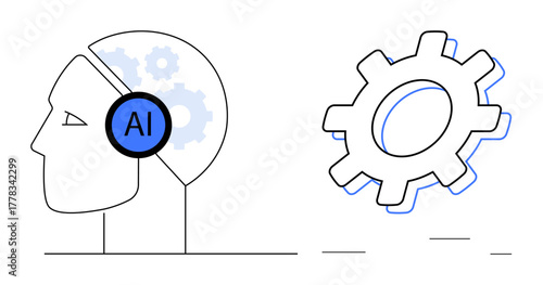 Human profile with gears inside brain and AI label suggests technology and machine learning. Adjacent mechanical cog represents automation, engineering, and innovation. Ideal for science, AI