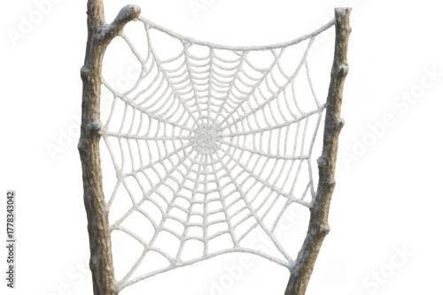 Obraz Frozen spider web on tree branches collecting frost and ice, showing intricate natural pattern, transparent background