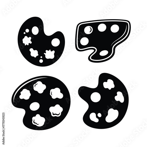 Collection of monochrome artist palette icons, a set of simple vector graphics representing creativity, painting, and artistic expression