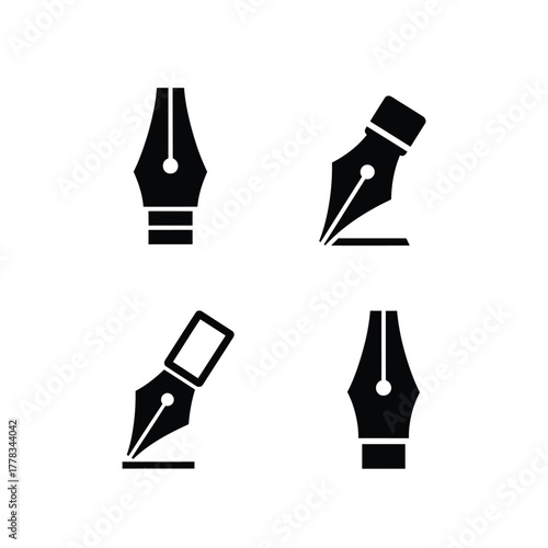 Collection of Stylized Fountain Pen Icons for Writing, Calligraphy, and Creative Design