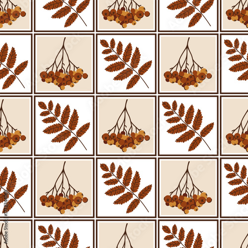 Autumn seamless vector pattern. A bunch of rowan berries, colorful tree leaves, checkered ornament. Cozy forest background for Thanksgiving, seasonal holidays. Fall botanical wallpaper for print