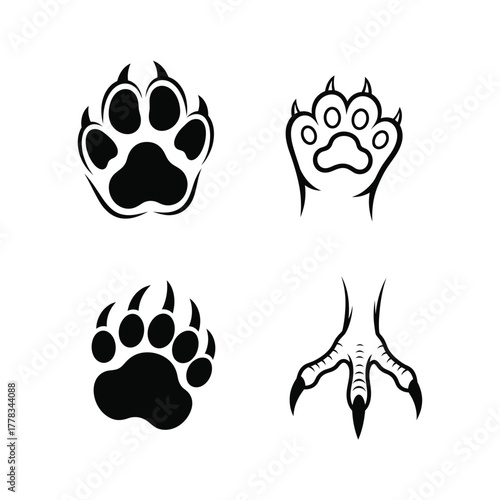 A striking collection of diverse animal paw prints and formidable claws, embodying the raw power and distinctive forms of wildlife in a clear, illustrative vector set