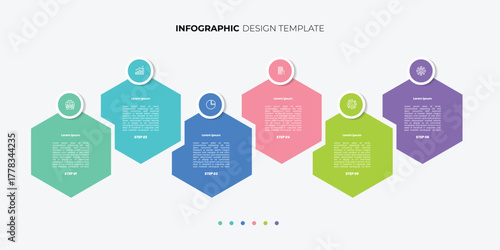 Hexagon Timeline Creator infographic template. 6 Step timeline journey, calendar Flat simple infographics design template