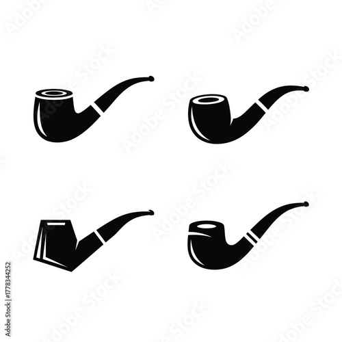 Set of four classic tobacco smoking pipe icons in black and white illustration style