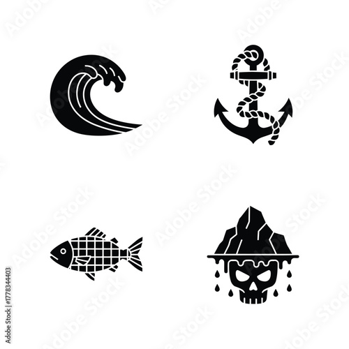 Nautical Icons Waves, Anchors, Fish, and Skull - Black and White Illustrations