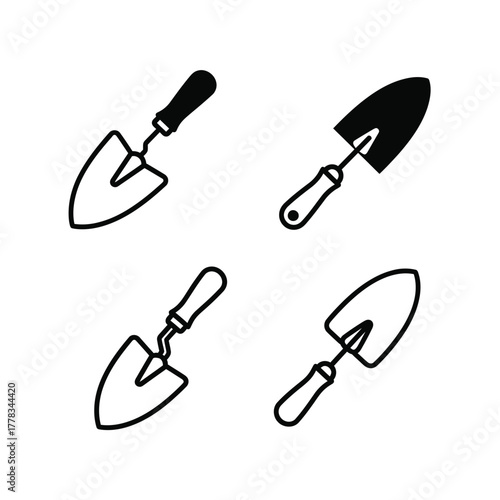 Set of four gardening trowel icons, illustrating versatile tools for planting, digging, and soil manipulation in gardens and farms, ideal for agriculture and horticulture