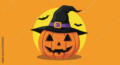 A friendly jack-o'-lantern wearing a witch's hat smiles in front of a full moon with bats flying, set against an orange background.