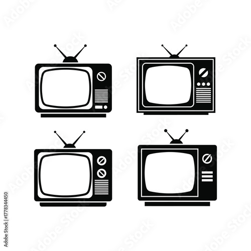 Set of retro television icons in black and white, featuring vintage broadcast screens with antennas, knobs, and buttons, symbolizing classic entertainment technology and old-fashioned media devices