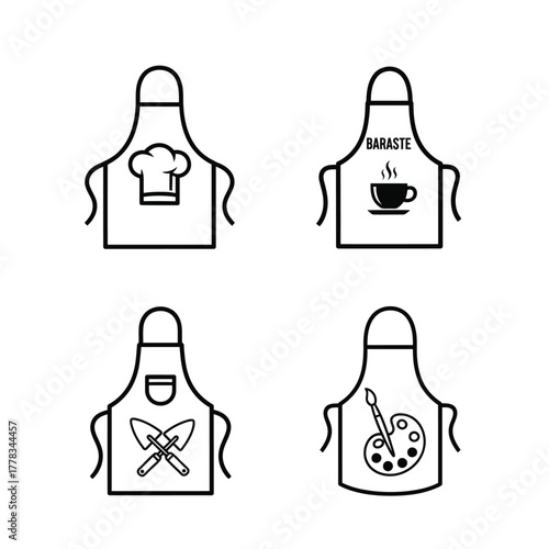 Collection of four simple line art aprons, each featuring a unique icon related to a profession or hobby cooking, coffee, gardening, and art