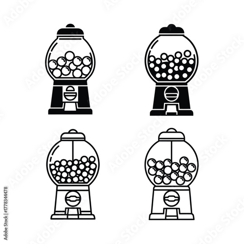 Gumball Machine Icons Vector Illustrations of Classic Candy Dispensers in Black and White