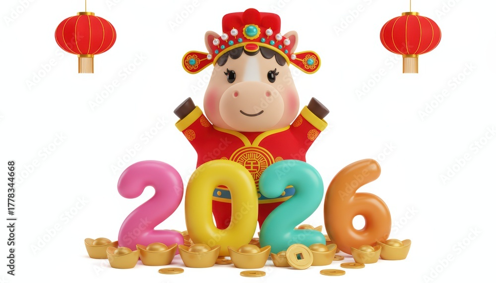 Naklejka premium Happy Lunar New Year 2026 Cute Ox Mascot with Gold Ingots and Lanterns, Chinese Zodiac Animal