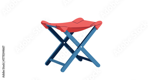 A simple red and blue folding stool stands ready for outdoor use or compact storage on a white background.