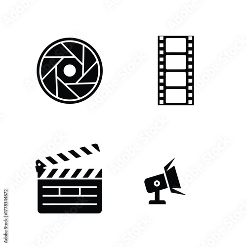 Collection of four classic cinematic icons camera aperture, film strip, clapperboard, and spotlight, symbolizing the art of filmmaking