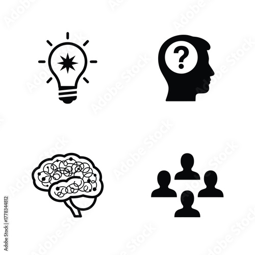 Collection of Vector Icons Symbolizing Core Business Concepts of Idea Generation, Problem Solving, Strategic Brainstorming, and Collaborative Teamwork