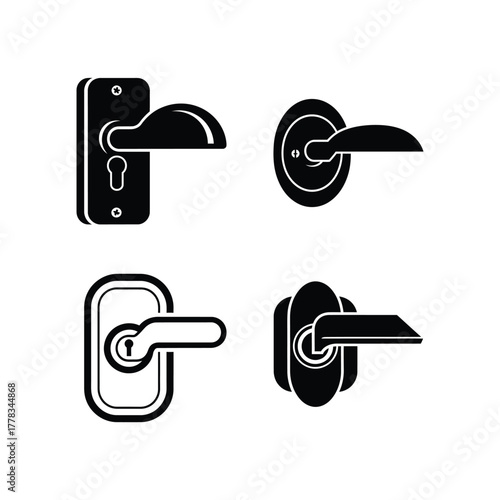 Monochrome icon collection of various door handles and levers, simple flat design for architecture and hardware elements