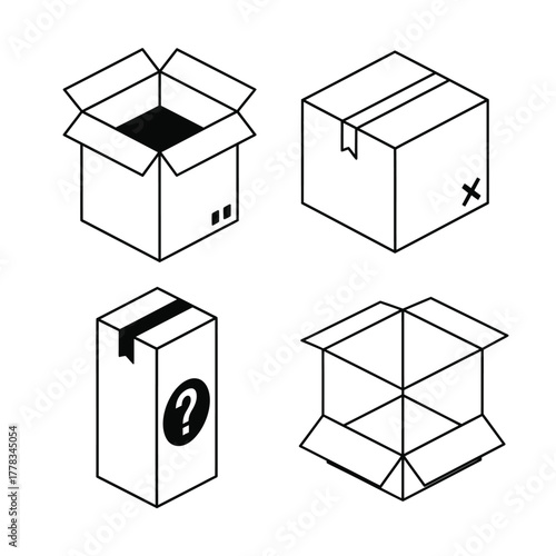 Isometric line drawing collection of cardboard shipping boxes. A set of simple icons representing packaging, moving, storage, and the concept of delivery