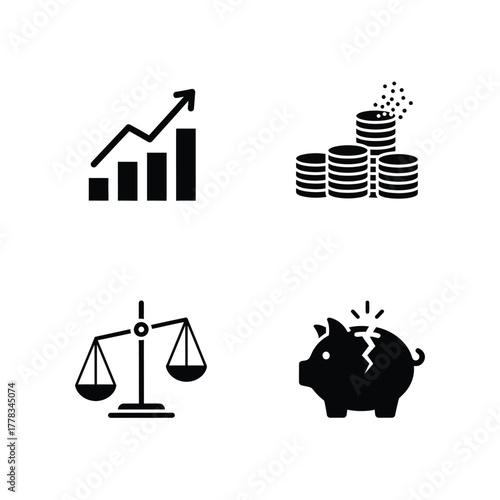 Financial Growth and Stability Icons Business, Finance, and Investment Visuals in Black and White