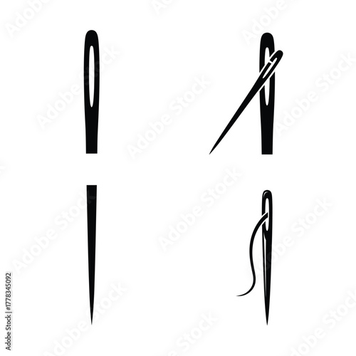 Collection of minimalist sewing needle icons, showing needles with and without thread, perfect for tailor, embroidery, and craft-related designs