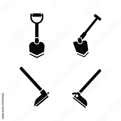 Collection of four black silhouettes of garden tools, including shovels and hoes on a white background, representing outdoor maintenance and agriculture