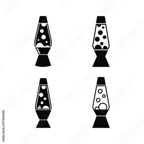 Set of minimalist retro lava lamp icons in black and white, depicting classic liquid motion lamps for various design and decorative purposes and nostalgic themes