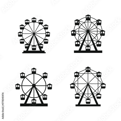 Set of four isolated black Ferris wheel silhouette icons, representing amusement park attractions and concepts of fun and entertainment