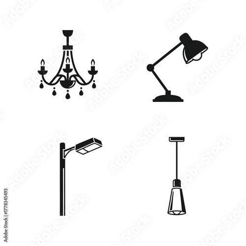 Collection of various lighting fixtures including a chandelier, desk lamp, street lamp, and pendant light, presented in a clean, minimalist style