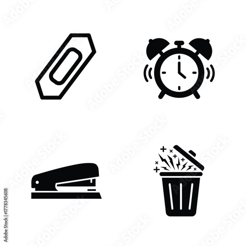 Office Supplies Bandage, Alarm Clock, Stapler, and Trash Can Icons for Work and Organization