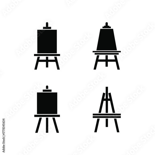 Four distinct black silhouette icons representing various art easels, essential tools for painters and artists to display canvases for creative expression and artistic endeavors