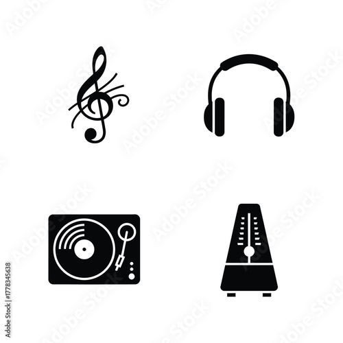 Musical Icons Treble Clef, Headphones, Turntable, and Metronome in Simple Vector Illustrations