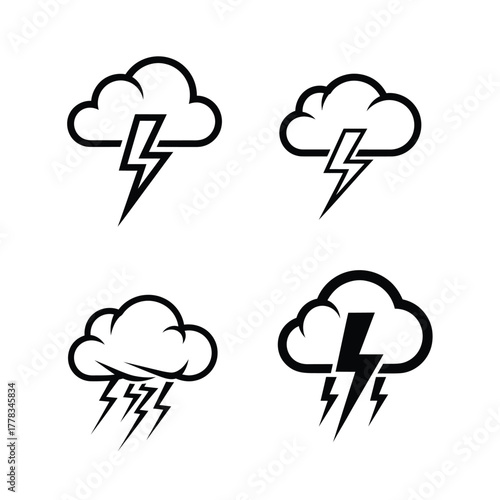 Stormy Weather Cloud and Lightning Bolt Icon Set for Design and Weather Concepts