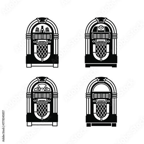 Vintage Jukebox Illustrations Classic Retro Music Players in Black and White Outline Designs