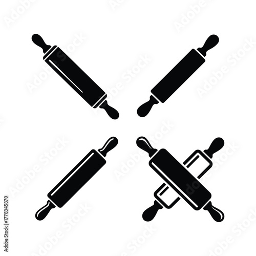 Classic kitchen rolling pins in crisp black silhouette, versatile graphic elements for baking, pastry making, and culinary themes, showcasing essential cooking tools
