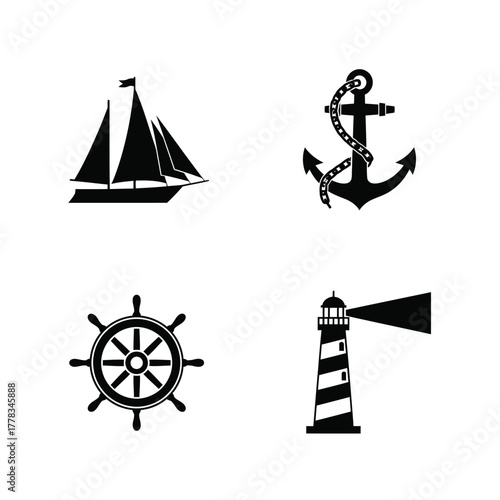 Versatile set of black silhouette icons representing classic nautical and maritime themes sailboat, anchor, ship's steering wheel, and lighthouse