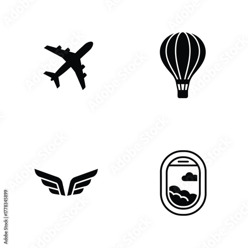 Travel Icons Set Airplane, Hot Air Balloon, Wings, and Airplane Window for Design