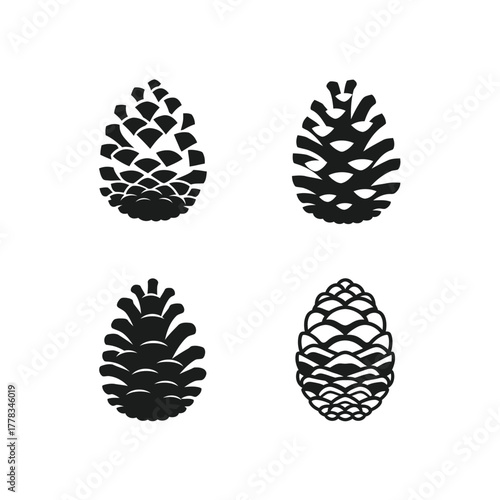Simple black pine cone icon collection. A set of four stylized forest elements isolated on a white background. Conceptual design for nature, winter, and holiday themes