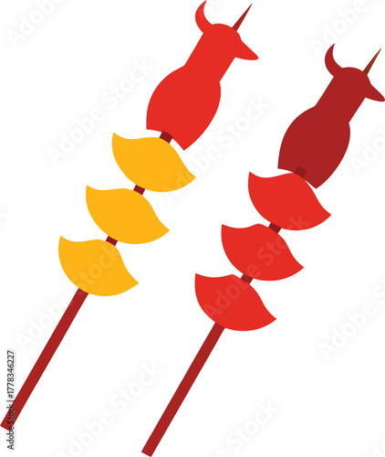 Delicious goat meat skewers with fresh garnish on a white background