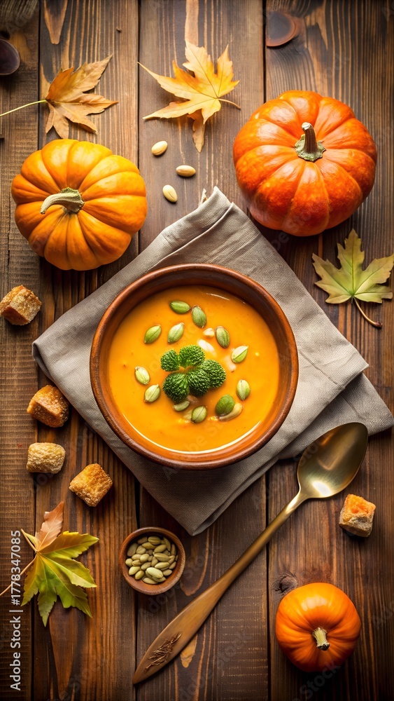 custom made wallpaper toronto digitalWarm and inviting bowl of creamy pumpkin soup garnished with fresh herbs and croutons surrounded by mini pumpkins and autumn leaves on a rustic wooden table